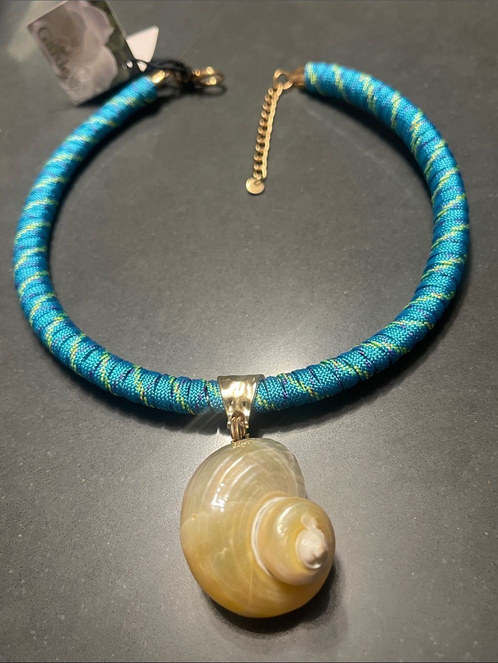 Turquoise Fabric Choker Necklace with Natural Shell Pendant